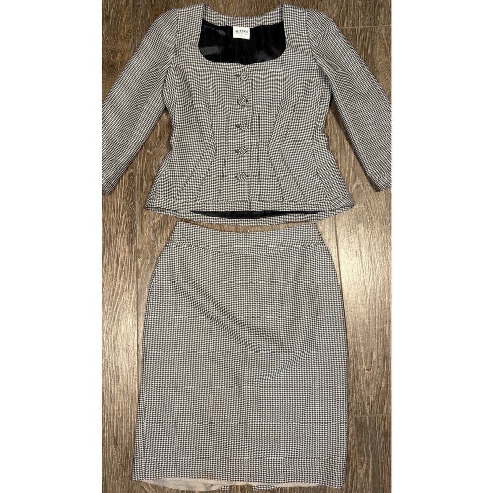 VTG Armani Collezioni Womens Houndstooth Tailored Blazer & Skirt Suit Set Size 2